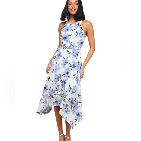 NWT Lulus 100% Cotton Zahara Blue and White Floral Print Midi Dress Size S - Picture 1 of 14